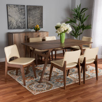 Baxton Studio RDC827-BeigeWalnut-7PC Dining Set Baxton Studio Afton Mid-Century Modern Beige Faux Leather Upholstered and Walnut Brown Finished Wood